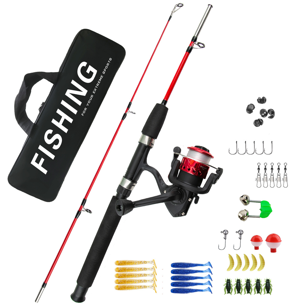 Ice Fishing Line - 初心者向け2セクションアイスフィッシングロッドコンボ、ロングキャストシースピニングルアーフィッシングロッドコンプリートタックルキット、展開時長さ1m