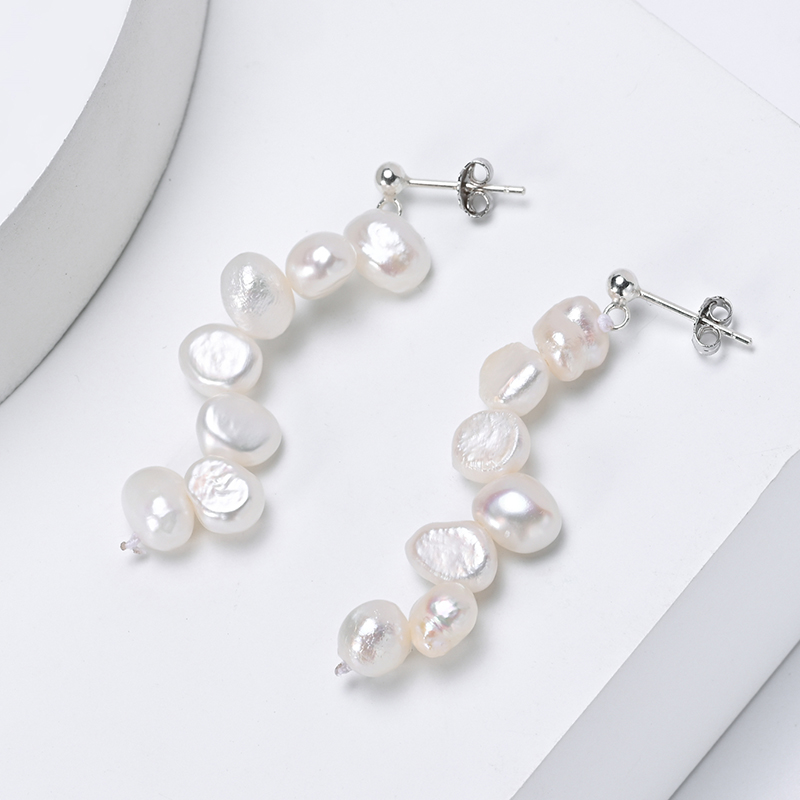 Freshwater Line - 女性と女の子のためのHENGSHENG-925スターリングシルバーのイヤリング,白い真珠のイヤリング,バロック様式,インターレースイヤーライン,5-6mm